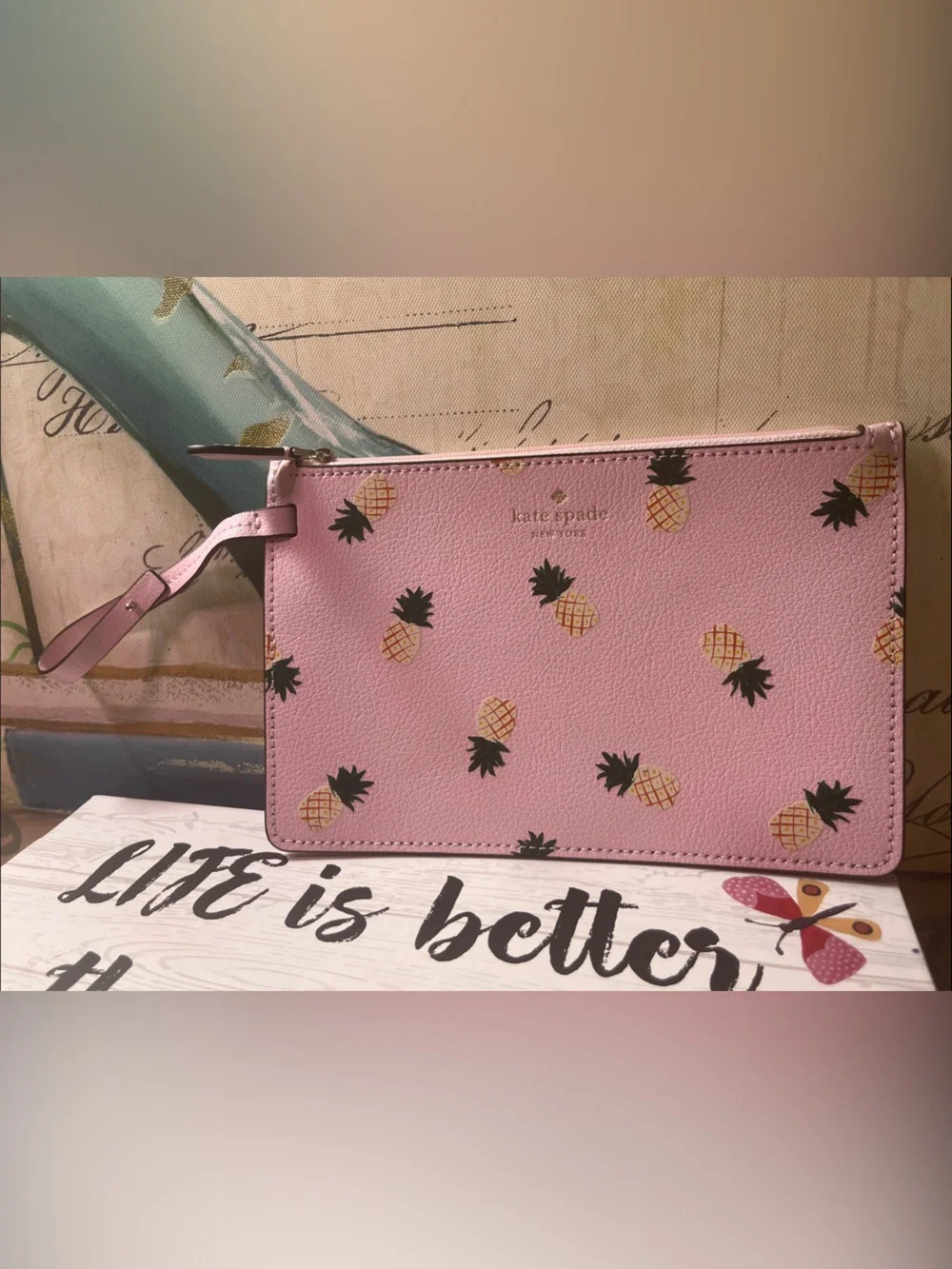 kate spade Pink Pineapple Print Wristlet Clutch